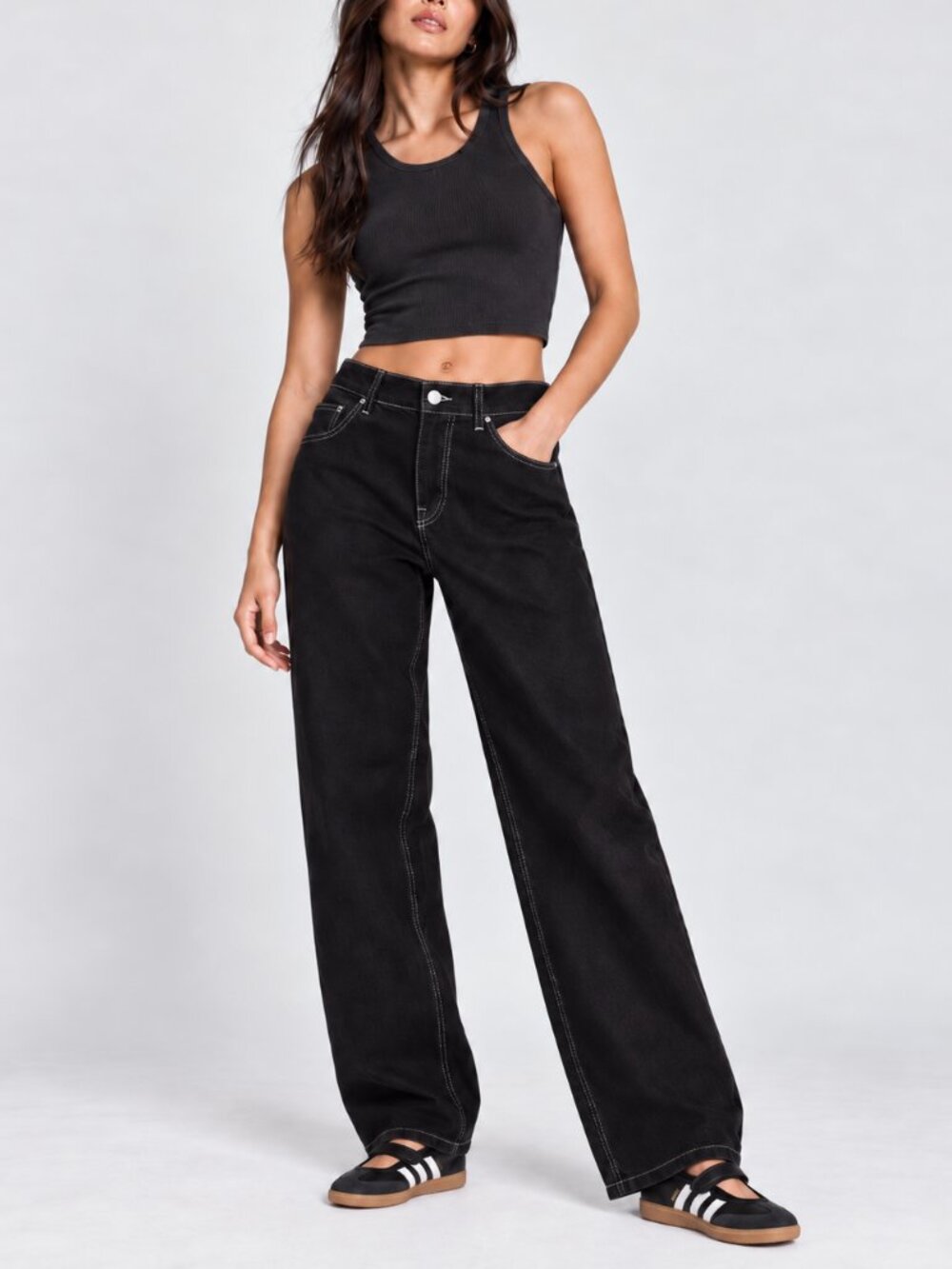 ZARA Black Wide Leg Jeans Contrast Topstitching High Waist Size 8